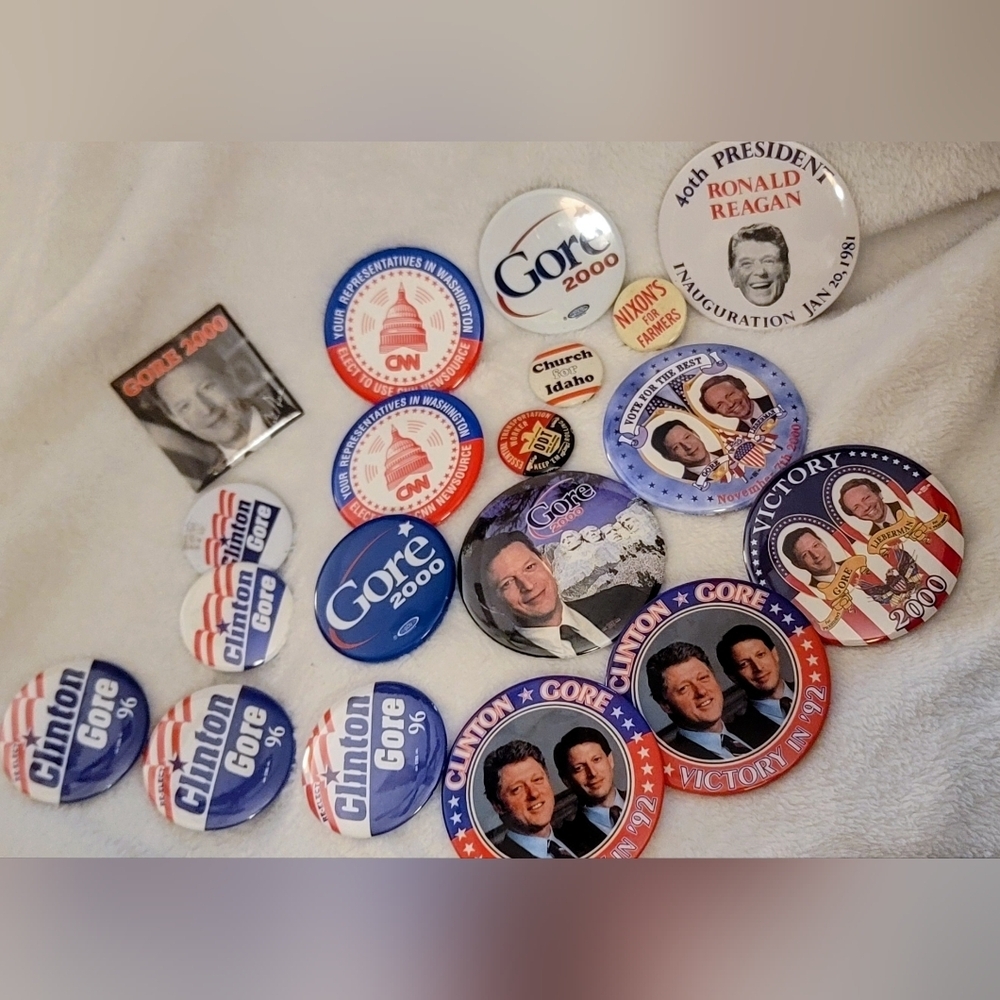 19 VINTAGE 80's-00's Campaign Pins Al Gore, Bill Clinton, Ronald Reagan,CNN